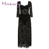 Y2k Fashion Party Vacation Beach Sexy Black Lace Long Dress Women's Spring Quarter Sleeve Mid-Calf Dresses Clubwear Valentines Day