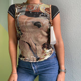 Sweetown Retro Print Patchwork T-Shirts Vintage Aesthetic E Girl Techwear O Neck Short Sleeve Summer Tops Women Basic Tees
