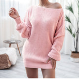 Woloong Casual Off-Shoulder Lantern Sleeve Knit Sweater Dress