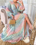 Woloong Lantern Sleeve Colorful Leopard Print Casual Maxi Dress