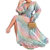Woloong Lantern Sleeve Colorful Leopard Print Casual Maxi Dress