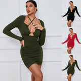 Woloong Sultry Hollow Out Lace-Up Bodycon Long Sleeves Mini Dress