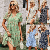 Woloong V-Neck Printed Countryside Fashion Dress
