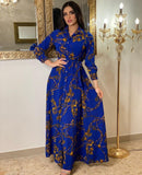 New Arrivals Dress For Women's Muslim French Elegant Long Sleeve Blouse Collar Dress Middle East Pearl Green Printed Skirt