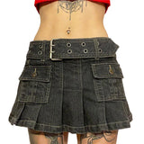 Woloong Y2k Denim Skirt 2000s Aesthetic Women Fairycore Grunge Low Waist A Line Pleated Skirts Fashion Jeans Skirt Streetwear