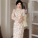 Vintage Elegant Cheongsam Dress Women Floral Embroidery Design Fairy Party Dress Female Spring Autumn Retro Long Split Dress