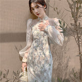 Vintage Elegant Cheongsam Dress Women Floral Embroidery Design Fairy Party Dress Female Spring Autumn Retro Long Split Dress