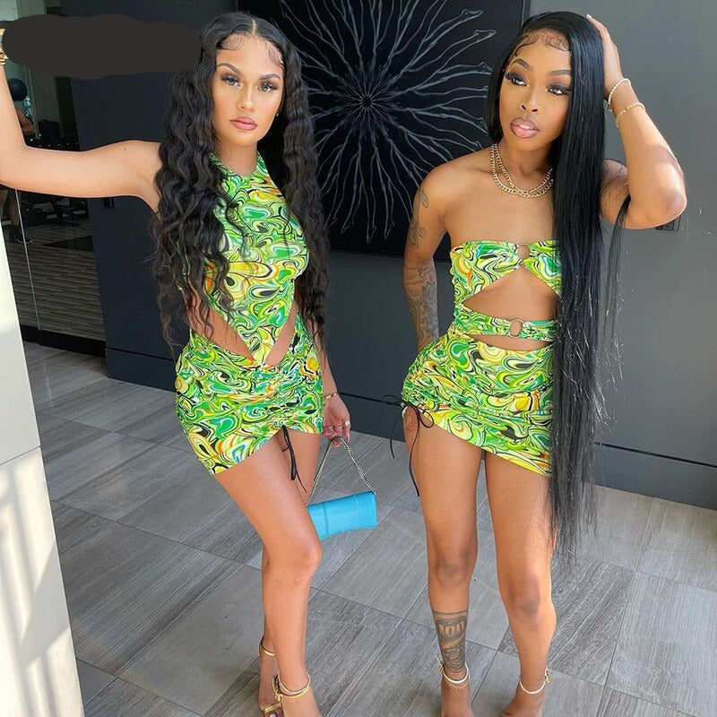 woloong Print Sleeveless Bodycon Halter Hollow Out Sexy Top Mini Dress Set Summer Women Fashion Streetwear Outfits Y2K