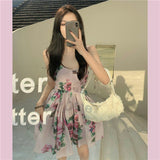 Spaghetti Strap Dress Summer Blooming Floral Print Ruffles Mini Slip Dress Women Chic  Lady Sleeveless Beach Dress Sundress