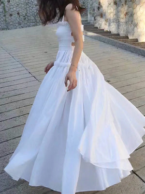 Elegant Ruffle Dress For Women Spaghetti Strap Hollow Out Backless High Waist Puff Dresses Female