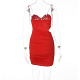 woloong Pure Color Slip Sleeveless Hollow Out Pleated Mini Dress Summer Fall Bodycon Sexy Party Club Elegant Y2K