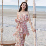 Woloong Fairy Dress Ruffled Breast Wrap Strap Dress Women's Spring Summer Midi Flower Halterneck  Boho Dress Beach Dress Sundress