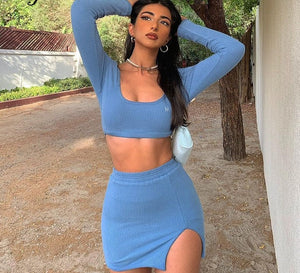 woloong   Long Sleeves Solid Navel Low Neck Bodycon Top Sexy Mini Dress Set Summer Women Fashion Streetwear Outfits Y2K