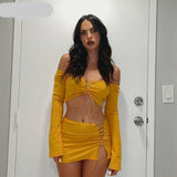 woloong    Solid Long Sleeve Drawstring Ruched Crop Top Sexy Mini Dress 2 Piece Set  Fall Fashion Bodycon Elegant Clothing Y2K
