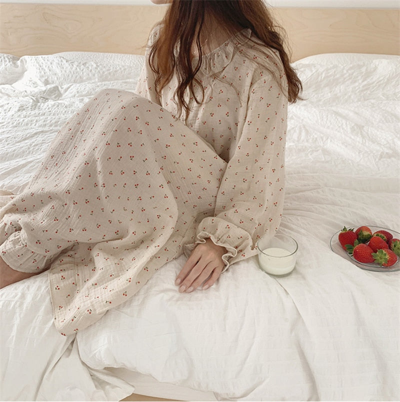 Ruffles Sleep Dress Women Long Sleeve Kawaii Cherry Print Korean Sleepwear Homewear Long Dress Autumn Elegant Casual Loose