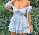 woloong Women Solid Ruffles Hem Strap Short Sleeve Cold Shoulder Mini Dress Summer Mini Dress