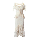 Lace Crochet Ruffles Bodycon Midi Dress Summer Spaghetti Strap Pearl Beading Party Irregular Dresses Women Elegant