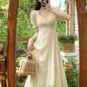 French Vinatge Midi Dresses Women Casual Short Sleeve Elegant Sweet Dress Female Party One Piece Dress Korean Fahion Summer