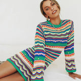 Bohemian Color Block Striped Knit Crochet Sweaters Dress Autumn Women's Long Sleeve Crew Neck Mini Bodycon Dress