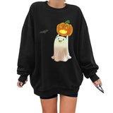 Aieru Y2k Women Halloween Sweatshirt Pumpkin Skeleton Print Round-Neck Pullover Long Sleeves Top Shirt for Girls Black Gothic Clothes