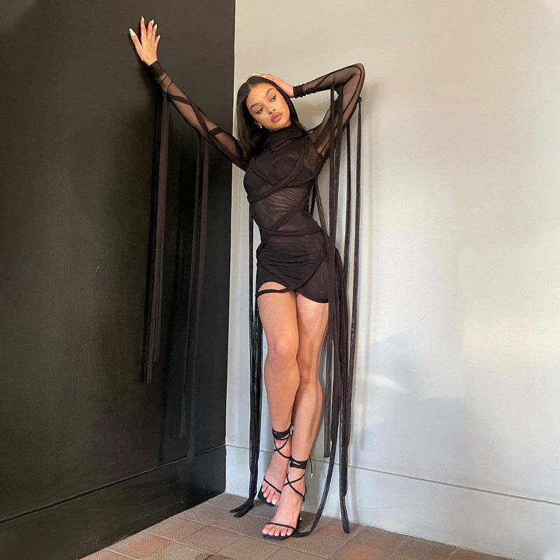 woloong Long Sleeve Mesh See-Through Bandage Sexy Mini Dress Summer Women Streetwear Outfits Y2K Chic Party Club Clothing