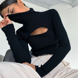 Autumn Winter High Collar T Shirt Women Casual Long Sleeve Ribber Knitting Tees Tops Sexy Hollow Black Slim Female T-shirt