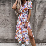 Summer Floral Print Dress Women V Neck Side Split Dress Long Robe Female Elegant Boho Short Sleeve Slim Party Dresses Vestidos