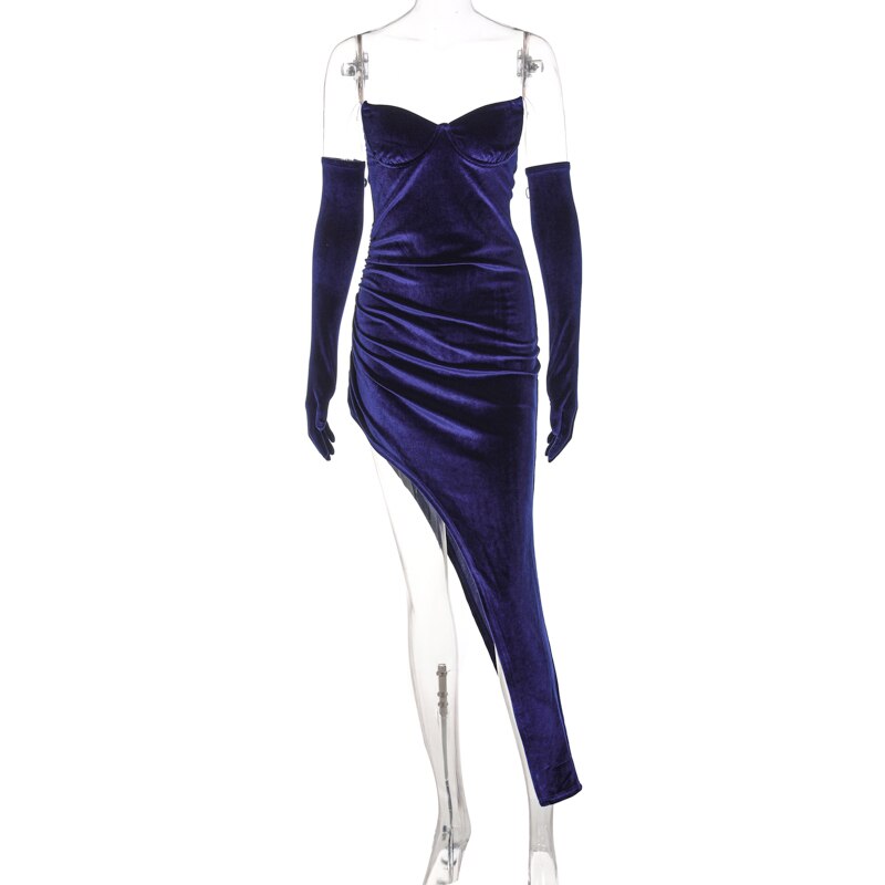woloong Velvet Off Shoulder With Gloves Irregular Mini Dress Solid Fall Bodycon Evening Party Elegant Vestido