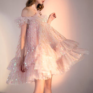 Woloong Girls Sweet Pink Bling Bling Sequined Ruffles Ball Gown Dress Off Shoulder Halter Summer Beach Party Mesh Dress