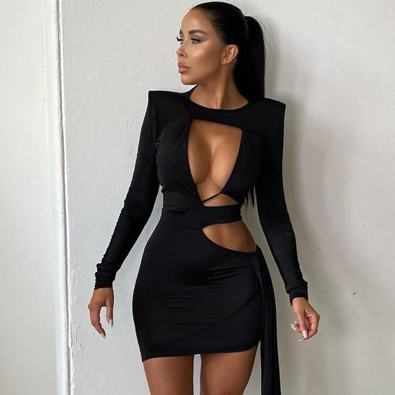 woloong  Women Fall Fashion Bodycon Folds Solid Long Sleeve Hollow Out String Mini Dress Female Clothing Streetwear Y2K