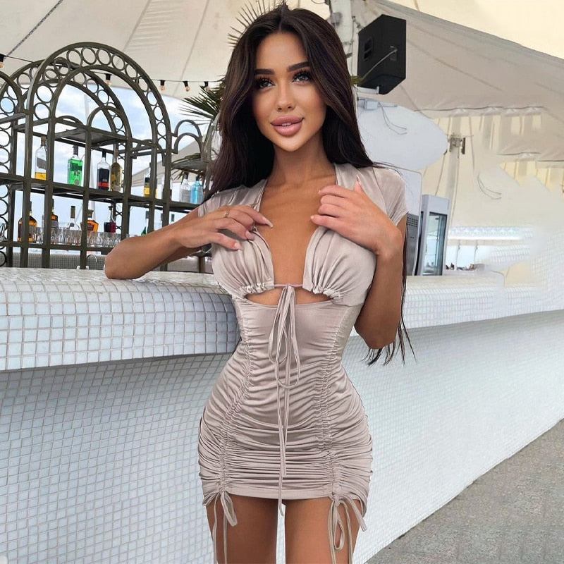woloong Drawstring Bandage Sleeveless Backless Ruched Pleated Mini Dress Evening Party Sexy Slim Elegant Y2K Clothing