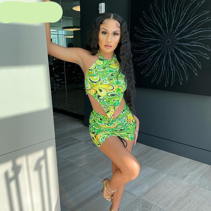 woloong Print Sleeveless Bodycon Halter Hollow Out Sexy Top Mini Dress Set Summer Women Fashion Streetwear Outfits Y2K