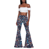 Woloong Summer New Women High-Waist Stretch-Print Trousers Wide-Leg Loose-Fitting Trousers Sexy Flared Pants Bottom Casual Leggings