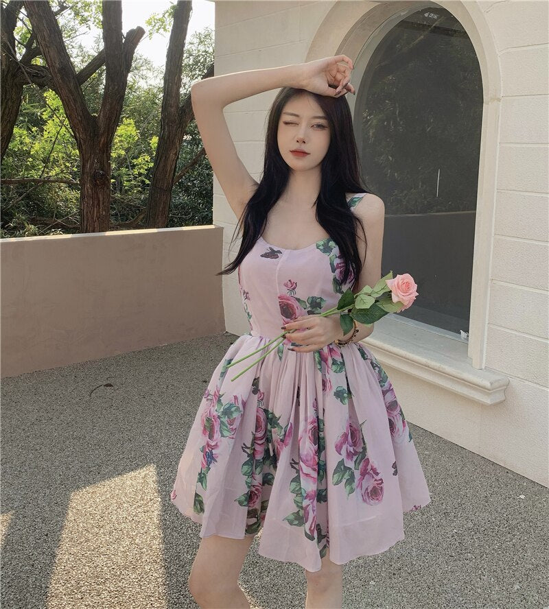 Spaghetti Strap Dress Summer Blooming Floral Print Ruffles Mini Slip Dress Women Chic  Lady Sleeveless Beach Dress Sundress