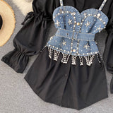 Spring New Blouse Women's Diamond Beaded Puff Sleeve Blusa Top Tassel Pearl Sling Waistcoat Two-piece Stacking Shirt C813