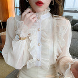 Woloong Korean Ruffle Lace Chiffon Shirt Elegant Sweet Chic Long Puff Sleeve Women Blouse Apricot Tops Stand Collar Clothes Blusas 13433