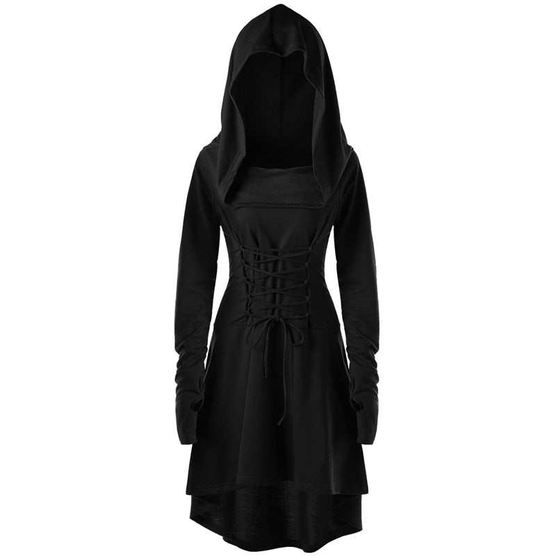 Womens Renaissance Archer cosplay Costumes Hooded Robe Lace Up Vintage Pullover Long Hoodie Dress Cloak Halloween LARP Party
