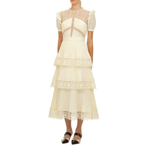 Woloong Summer Self Portrait Beige Pleated Dress Women Short Sleeve Lace Patchwork Cascading Ruffles Long Dress Female Layer Cake Dress