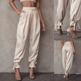 Woloong  Satin Lace Up High Waist Harem Pants Zipper Women Autumn Pleated Loose Pockets Long Trousers Casual Office Ladies Pant