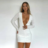 Woloong   Solid Ruched Long Sleeve Deep V Neck Pleated Mini Sexy Dress Summer Autumn Women Fashion Outfits Party Club Y2K