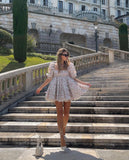 2 ways Wear Chiffon Floral Print Spliced Organza Ball Gown Dress Puff Sleeve Retro Women Swing Short Dresses Fairy