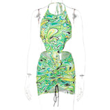 woloong Print Sleeveless Bodycon Halter Hollow Out Sexy Top Mini Dress Set Summer Women Fashion Streetwear Outfits Y2K