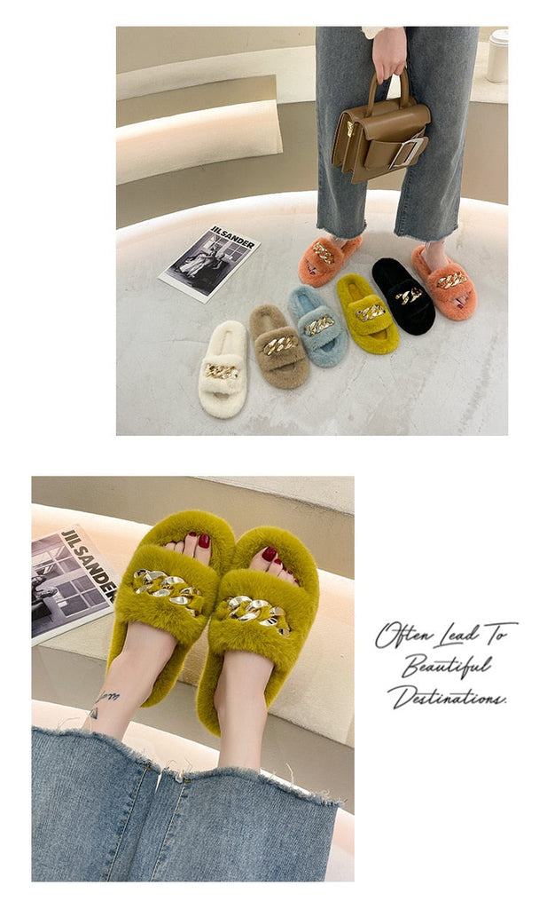 woloong  Women Fashion Metal Chain Warm Fluffy Slippers Cozy Faux Fur  Indoor Floor Outdoor Slides Flat Soft Furry Ladies Celebrities Fli