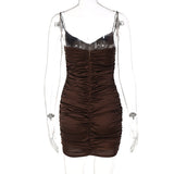 woloong  Slip Invisible Zipper Skinny Slit Pleated Mini Dress  Solid Bodycon Sexy Streetwear Evening Party Club Elegant