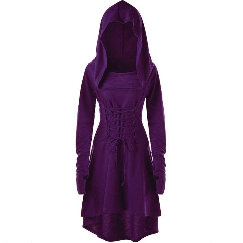 Womens Renaissance Archer cosplay Costumes Hooded Robe Lace Up Vintage Pullover Long Hoodie Dress Cloak Halloween LARP Party