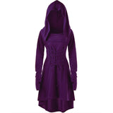 Womens Renaissance Archer cosplay Costumes Hooded Robe Lace Up Vintage Pullover Long Hoodie Dress Cloak Halloween LARP Party