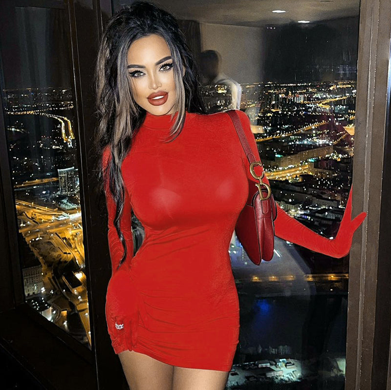 woloong Women Fall Fashion Bodycon Folds Pure Color Long Sleeves With Gloves Mini Dress Female Clothing Streetwear Y2K