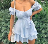 woloong Women Solid Ruffles Hem Strap Short Sleeve Cold Shoulder Mini Dress Summer Mini Dress