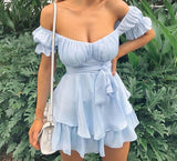 woloong Women Solid Ruffles Hem Strap Short Sleeve Cold Shoulder Mini Dress Summer Mini Dress