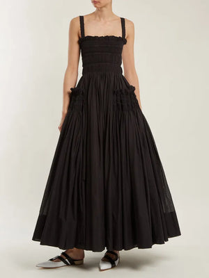 Elegant Ruffle Dress For Women Spaghetti Strap Hollow Out Backless High Waist Puff Dresses Female